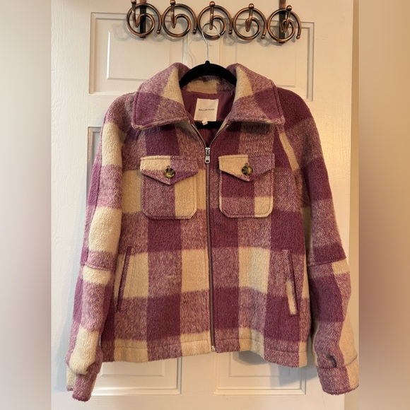Avec Les Filles Jackets & Blazers - Avec Les Filles Plaid Sherpa Shacket Jacket Burgundy/Pink Cream Size S
